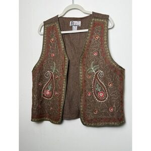 Together Crafts Embroidered Paisley Vest Brown Wool Blend Women's XL